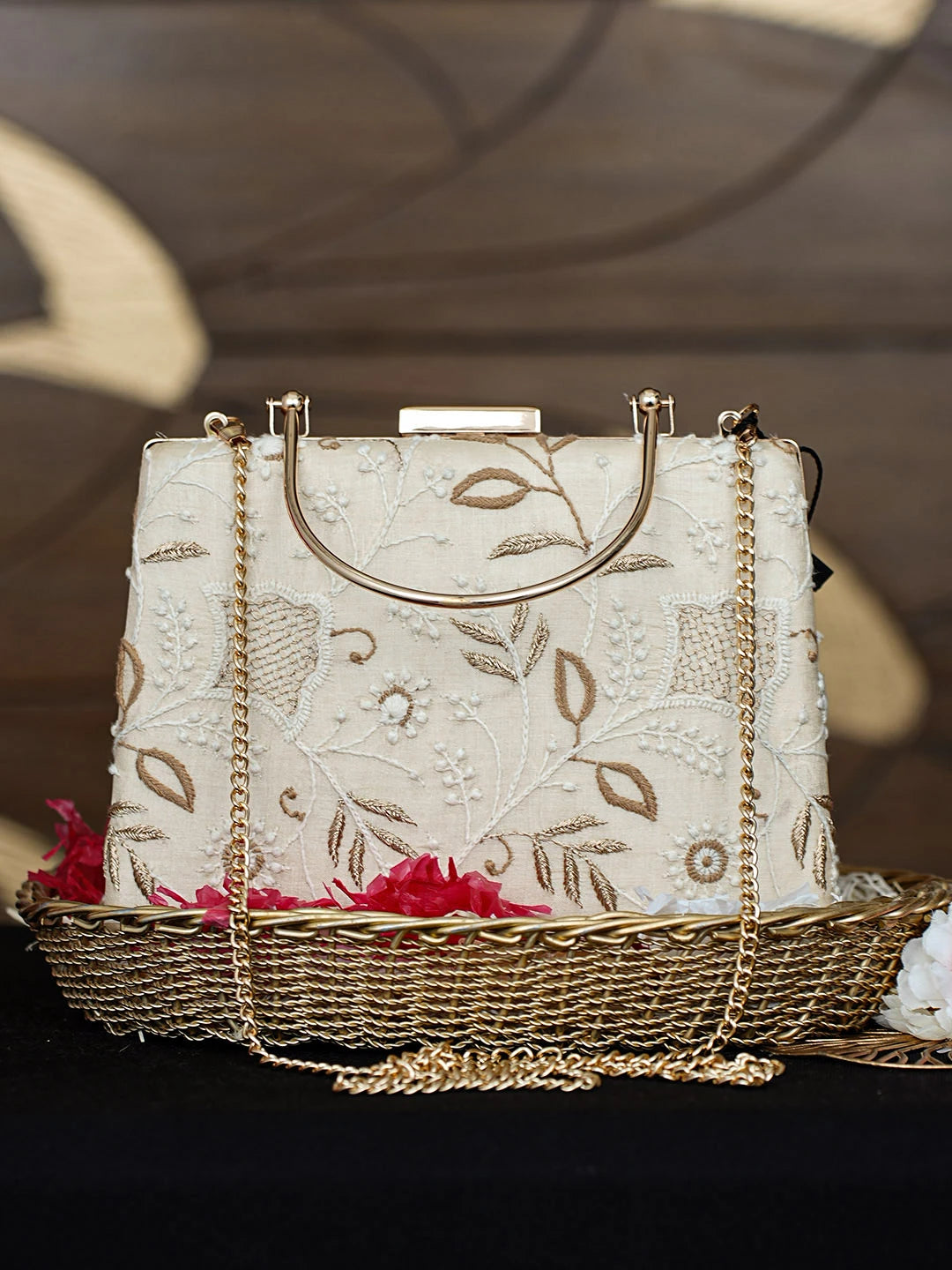 Ada Hand Embroidered Fawn Silk Lucknowi Chikankari Clutch With Zari Work 01A962173