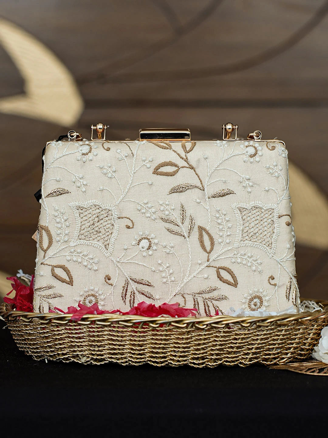 Ada Hand Embroidered Fawn Silk Lucknowi Chikankari Clutch With Zari Work 01A962173
