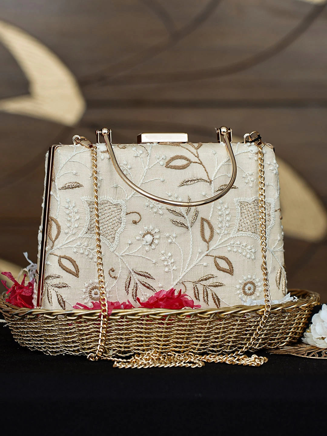 Ada Hand Embroidered Fawn Silk Lucknowi Chikankari Clutch With Zari Work 01A962173