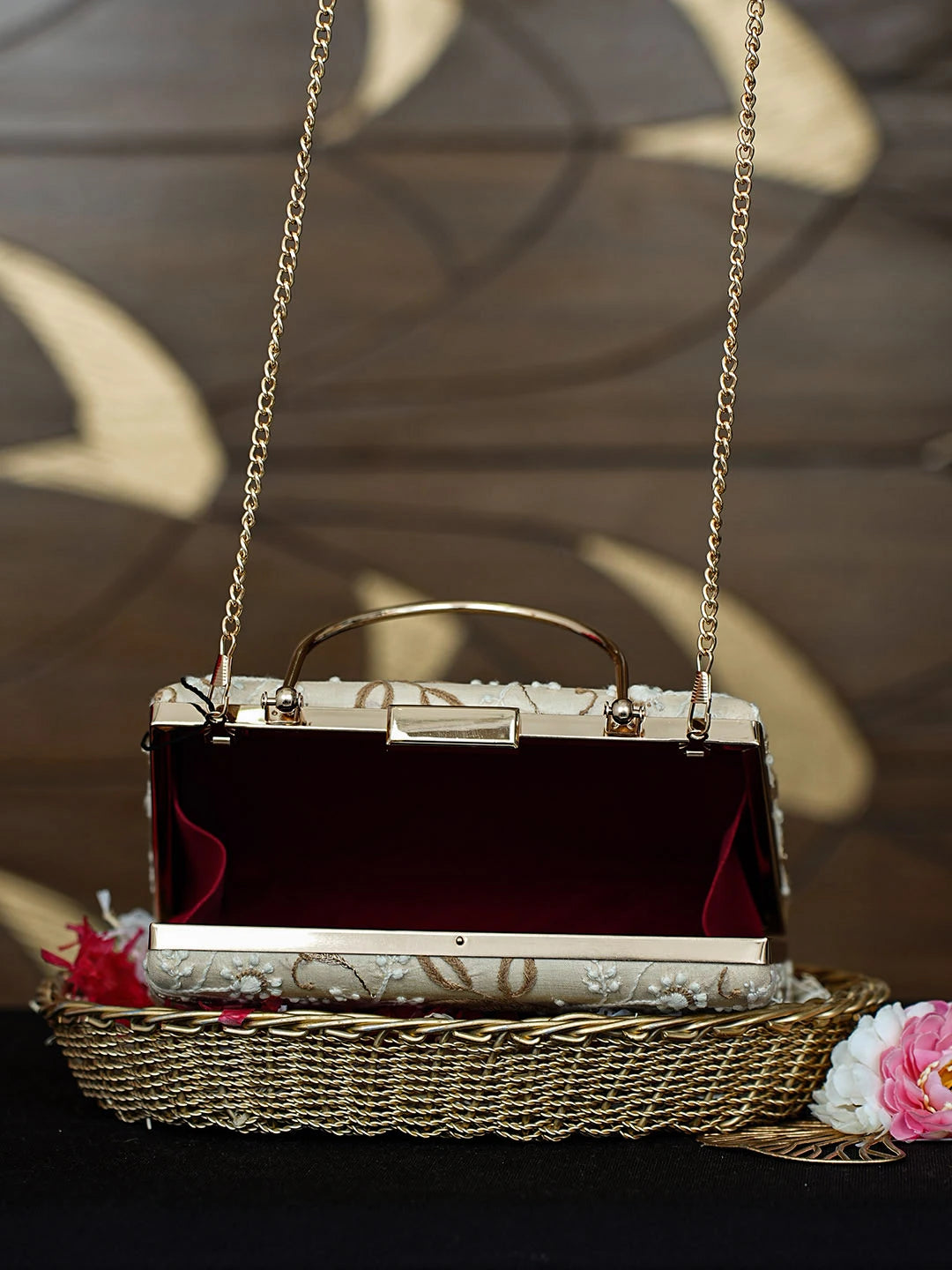 Ada Hand Embroidered Fawn Silk Lucknowi Chikankari Clutch With Zari Work 01A962173