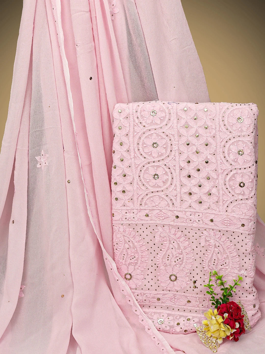 Ada Hand Embroidered Tea Rose Pink Viscose Georgette Lucknowi Chikankari Unstitched Kurta Dupatta Set With Muqaish/Mukaish Work 01A967058