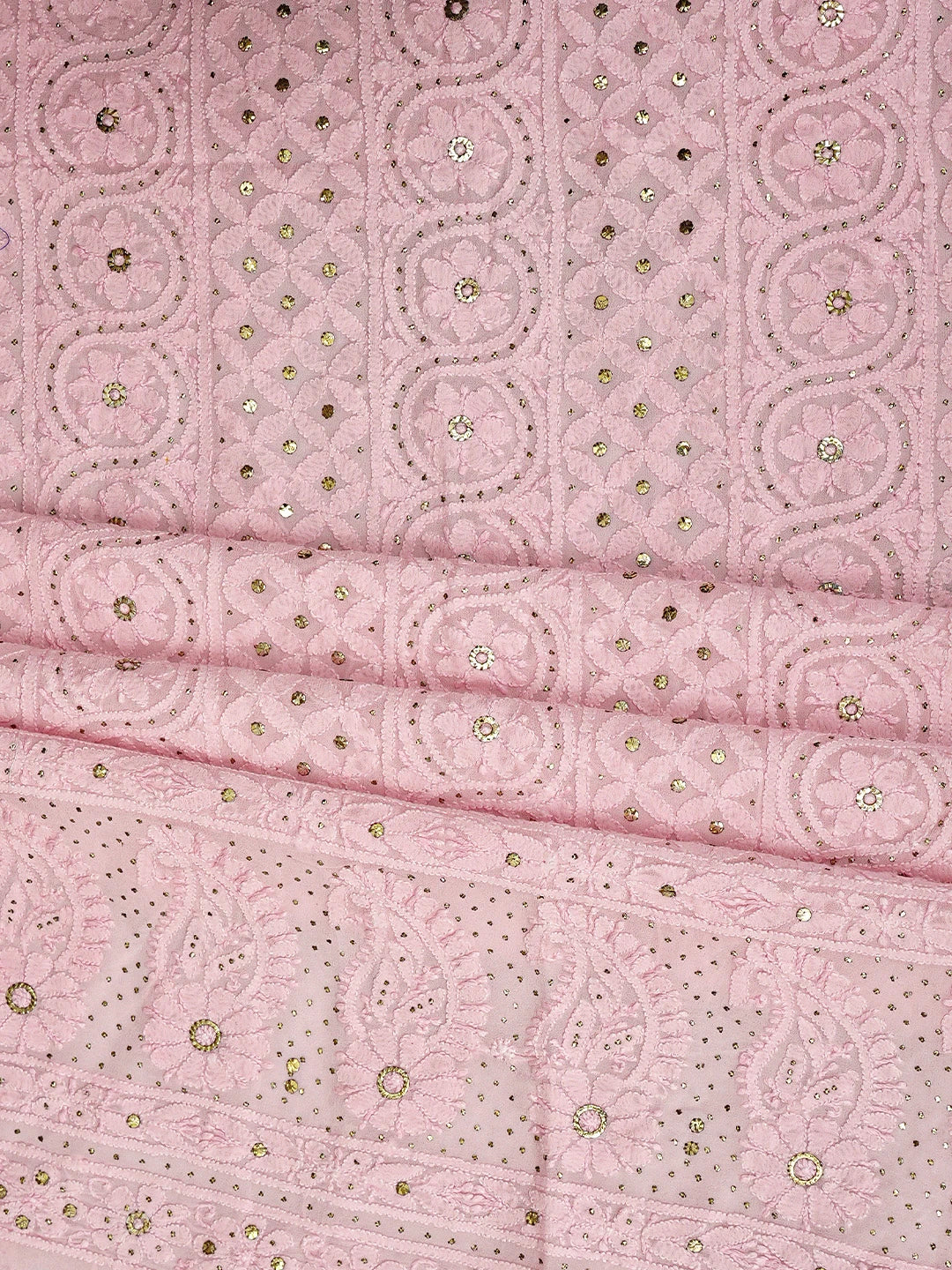 Ada Hand Embroidered Tea Rose Pink Viscose Georgette Lucknowi Chikankari Unstitched Kurta Dupatta Set With Muqaish/Mukaish Work 01A967058