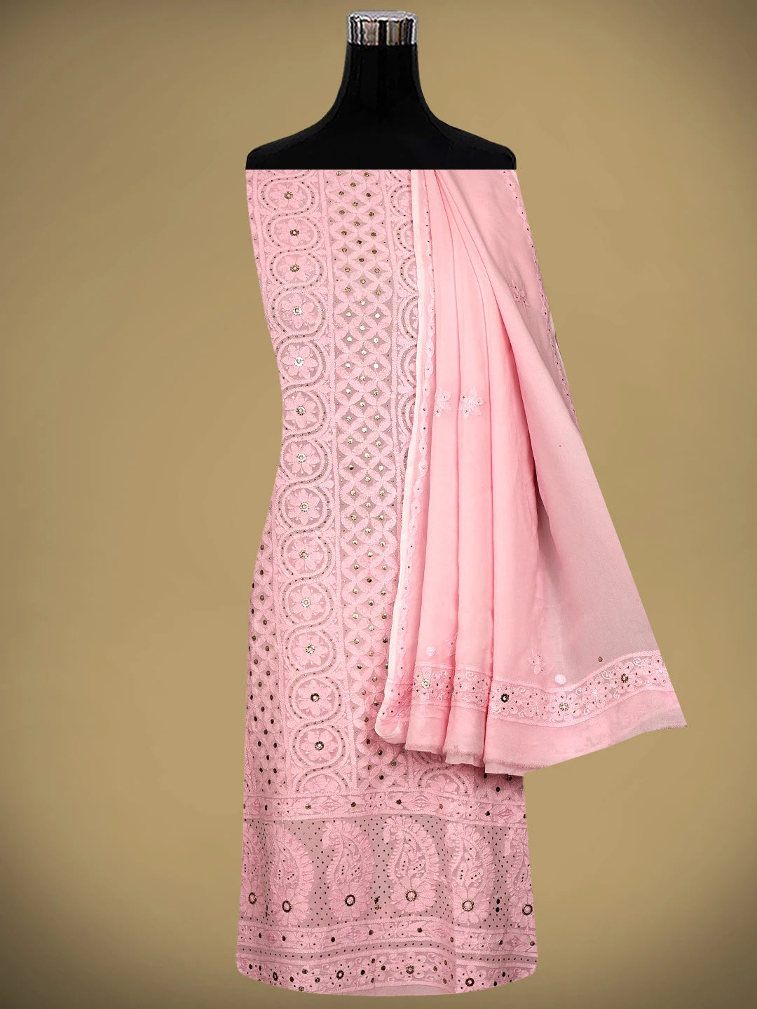 Ada Hand Embroidered Tea Rose Pink Viscose Georgette Lucknowi Chikankari Unstitched Kurta Dupatta Set With Muqaish/Mukaish Work 01A967058