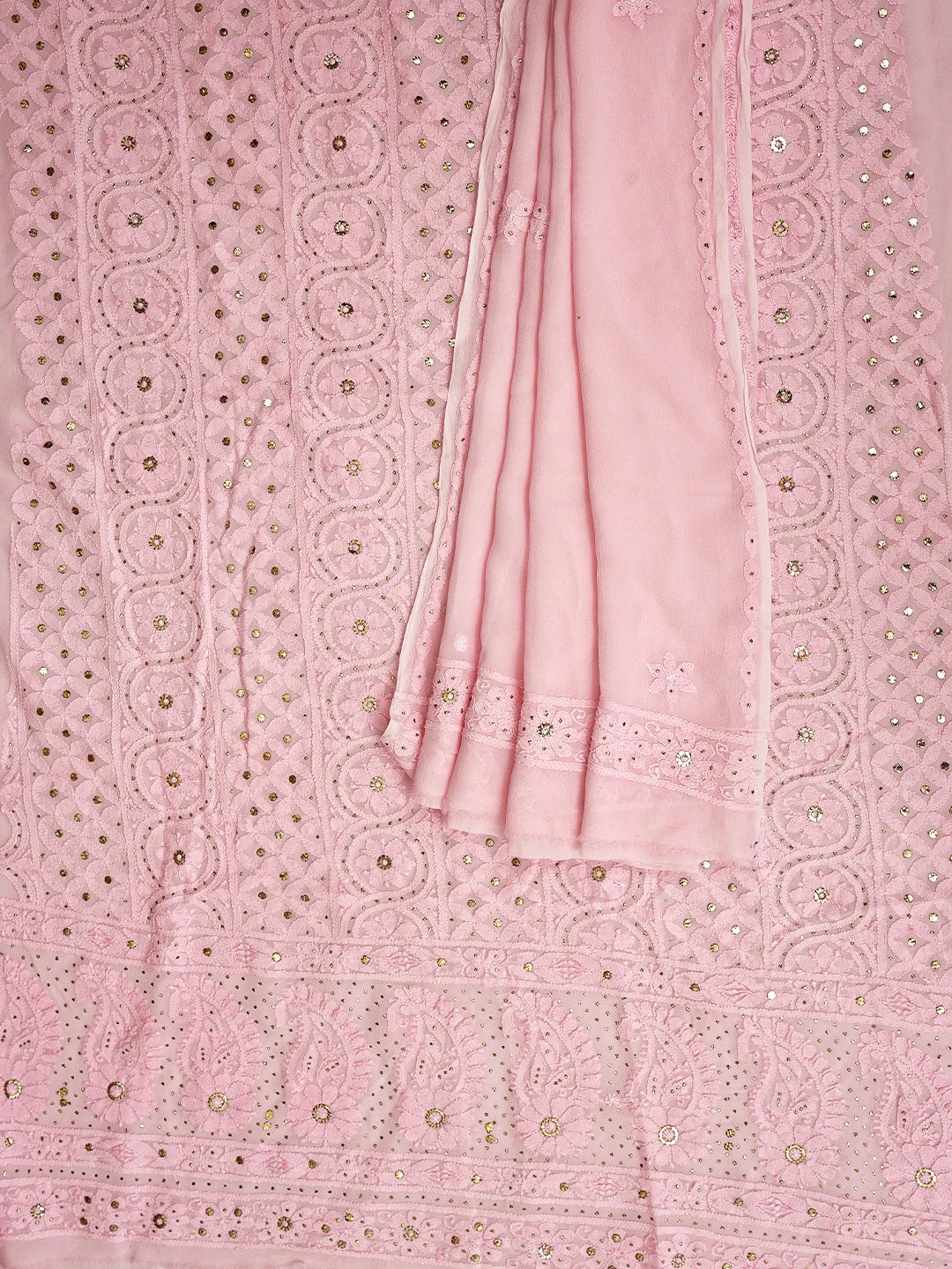 Ada Hand Embroidered Tea Rose Pink Viscose Georgette Lucknowi Chikankari Unstitched Kurta Dupatta Set With Muqaish/Mukaish Work 01A967058