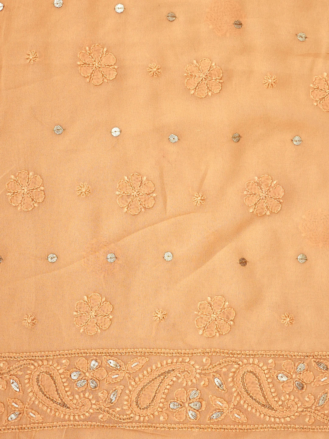 Ada Hand Embroidere Peach Viscose Georgette Lucknowi Chikankari Unstitched Kurta Dupatta Set With Gota Patti Work 01A962624