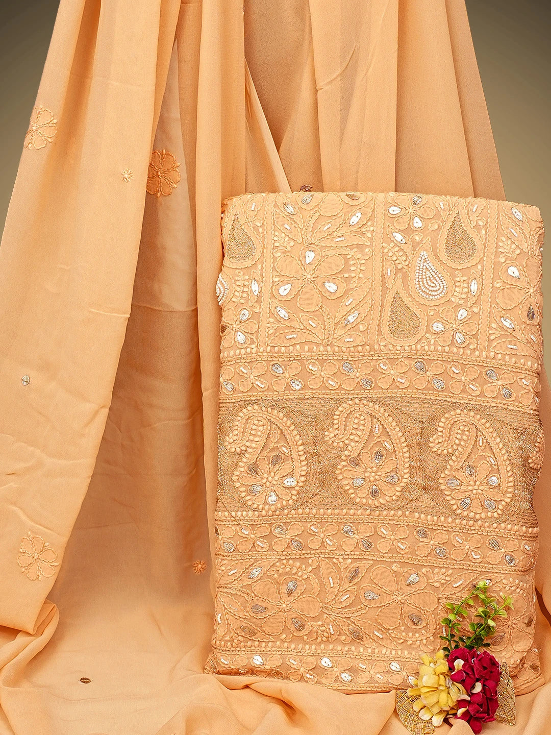 Ada Hand Embroidere Peach Viscose Georgette Lucknowi Chikankari Unstitched Kurta Dupatta Set With Gota Patti Work 01A962624
