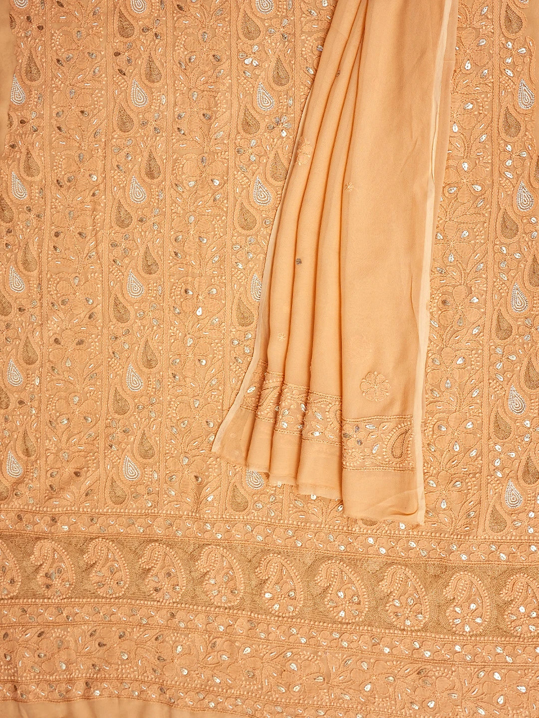 Ada Hand Embroidere Peach Viscose Georgette Lucknowi Chikankari Unstitched Kurta Dupatta Set With Gota Patti Work 01A962624