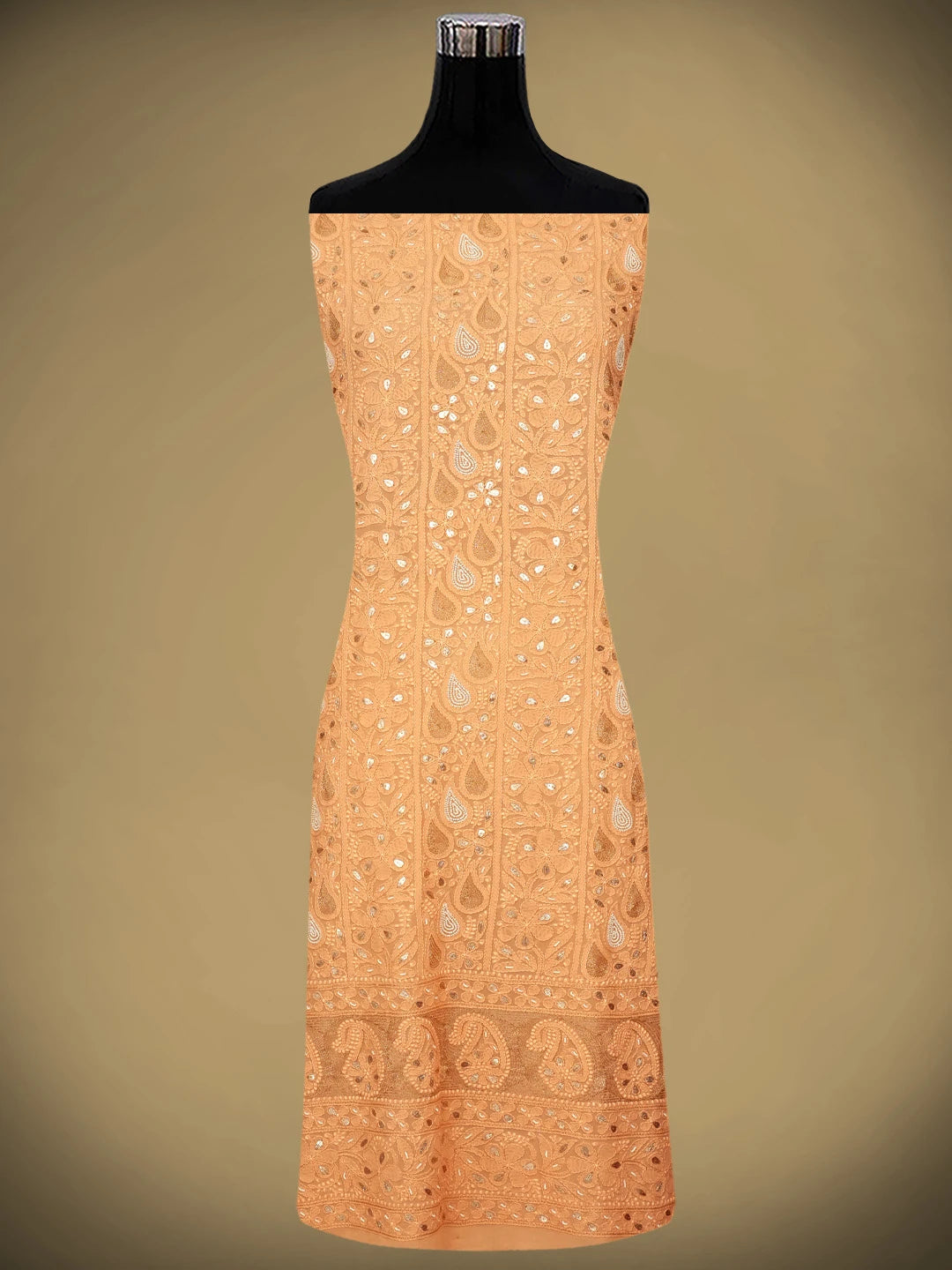 Ada Hand Embroidere Peach Viscose Georgette Lucknowi Chikankari Unstitched Kurta Dupatta Set With Gota Patti Work 01A962624