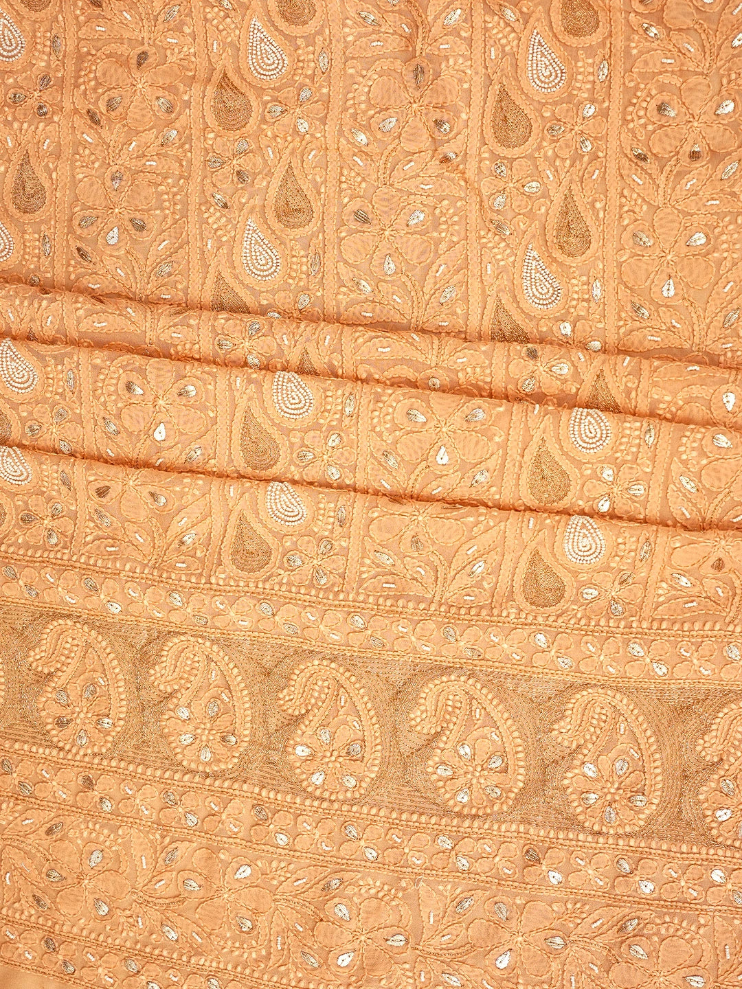 Ada Hand Embroidere Peach Viscose Georgette Lucknowi Chikankari Unstitched Kurta Dupatta Set With Gota Patti Work 01A962624