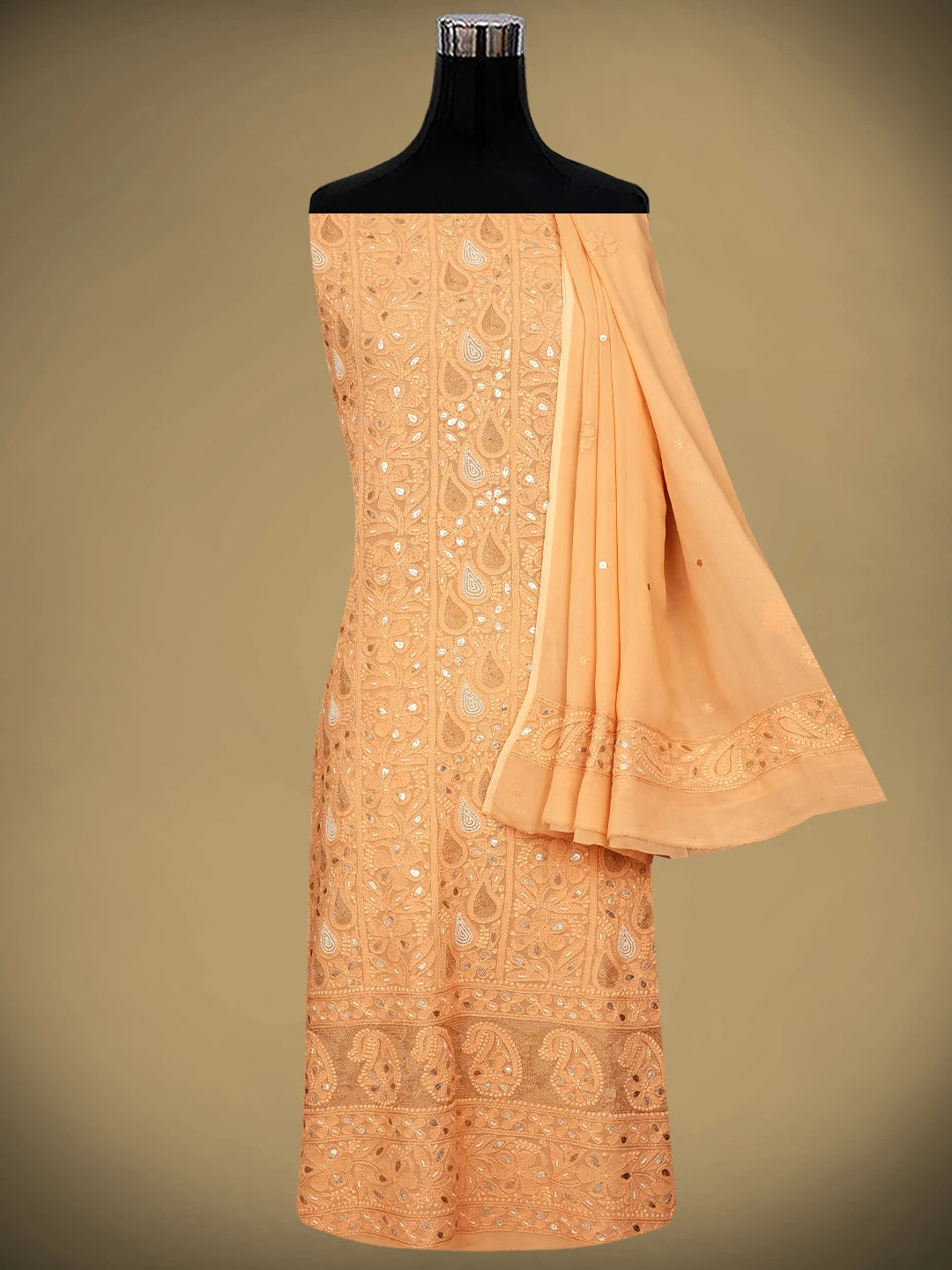 Ada Hand Embroidere Peach Viscose Georgette Lucknowi Chikankari Unstitched Kurta Dupatta Set With Gota Patti Work 01A962624