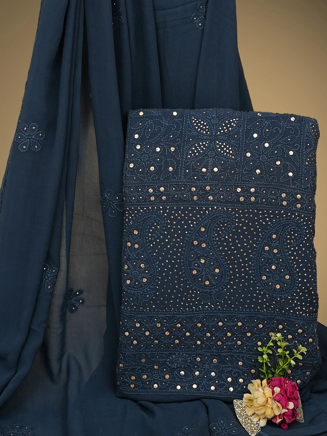 Ada Hand Embroidered Navy Blue Viscose Georgette Lucknowi Chikankari Unstitched Kurta Dupatta Set With Mukaish/Muqaish Work 01A815270