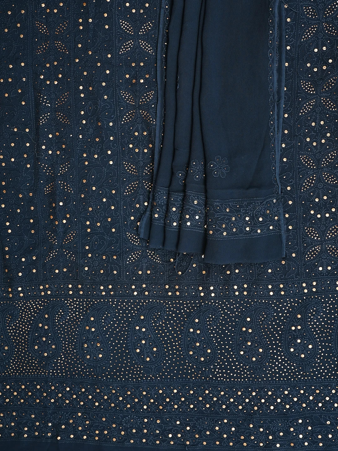 Ada Hand Embroidered Navy Blue Viscose Georgette Lucknowi Chikankari Unstitched Kurta Dupatta Set With Mukaish/Muqaish Work 01A815270