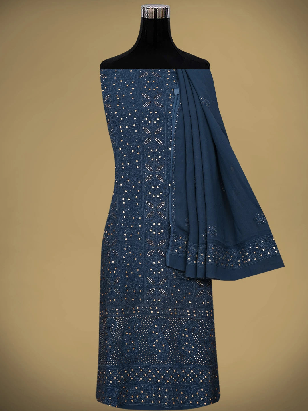 Ada Hand Embroidered Navy Blue Viscose Georgette Lucknowi Chikankari Unstitched Kurta Dupatta Set With Mukaish/Muqaish Work 01A815270