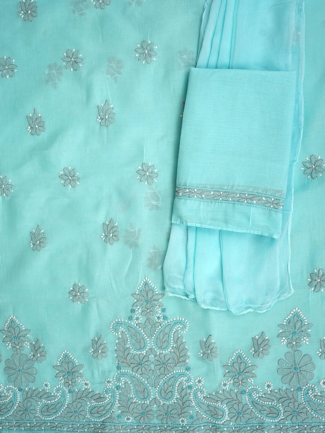 Ada Hand Embroidered Blue Cotton Lucknowi Chikankari Unstitched Suit Piece 01A882410