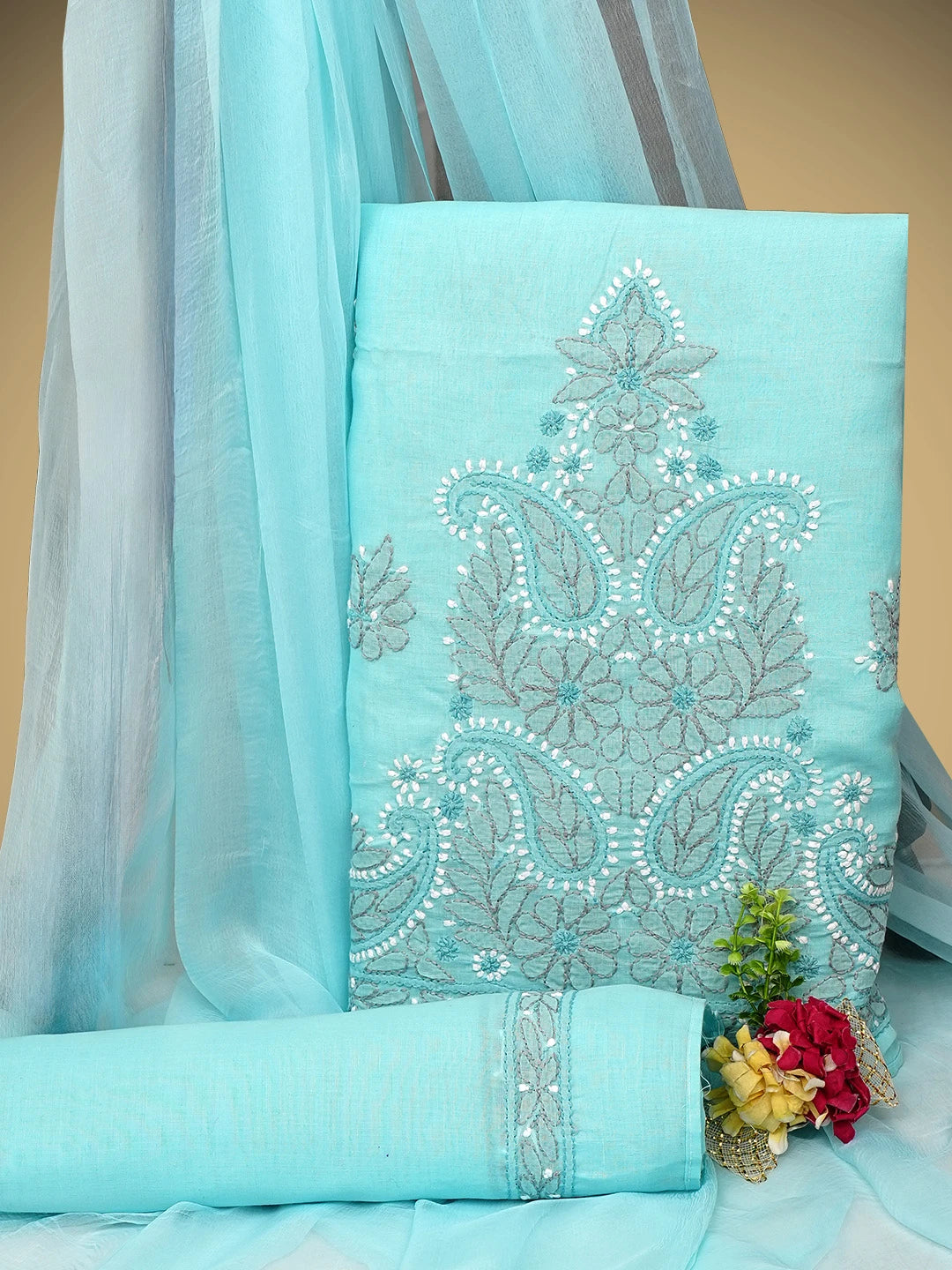 Ada Hand Embroidered Blue Cotton Lucknowi Chikankari Unstitched Suit Piece 01A882410
