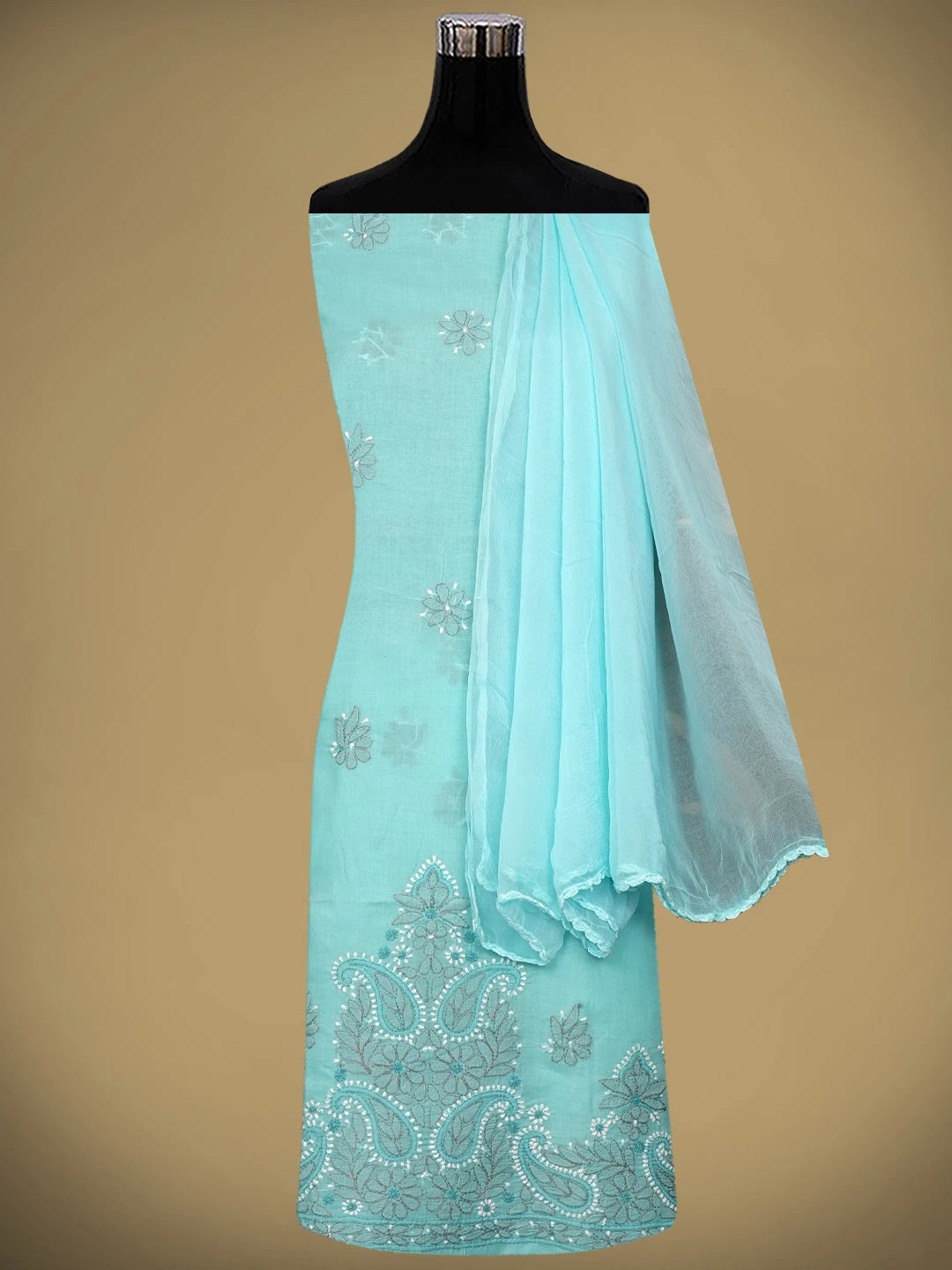 Ada Hand Embroidered Blue Cotton Lucknowi Chikankari Unstitched Suit Piece 01A882410