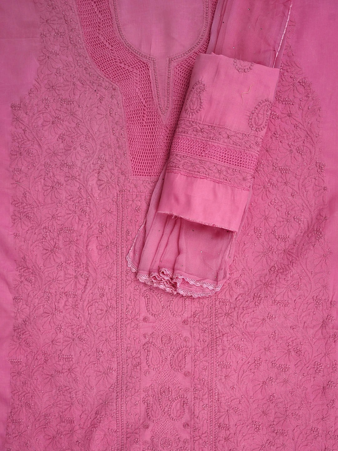 Ada Hand Embroidered  Hot Pink Cotton Lucknowi Chikankari Unstitched Suit Piece With Muqaish Work 01A692462