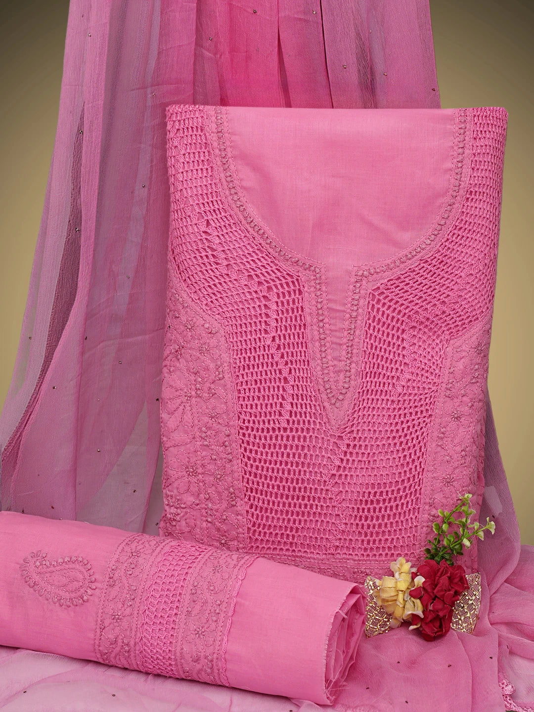 Ada Hand Embroidered  Hot Pink Cotton Lucknowi Chikankari Unstitched Suit Piece With Muqaish Work 01A692462