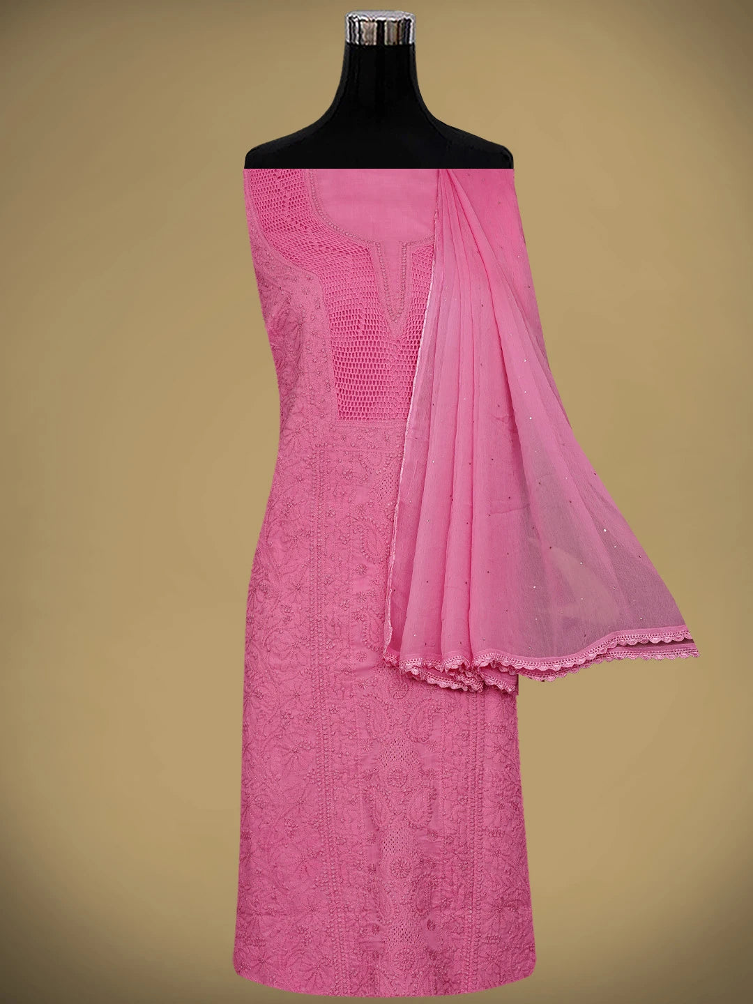 Ada Hand Embroidered  Hot Pink Cotton Lucknowi Chikankari Unstitched Suit Piece With Muqaish Work 01A692462