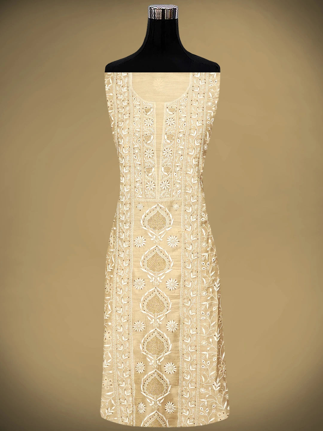 Ada Hand Embroidered Fawn Moonga Silk Lucknowi Chikankari Unstitched Suit Piece With Muqaish /Muqaish Work 01A915869