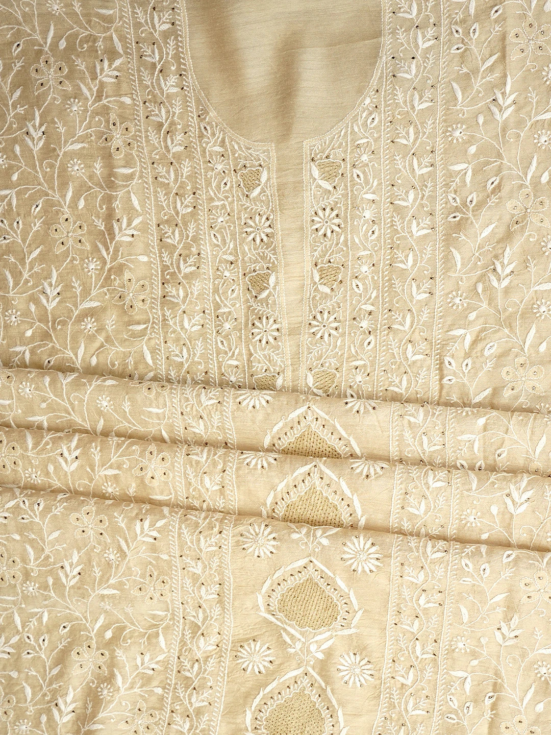 Ada Hand Embroidered Fawn Moonga Silk Lucknowi Chikankari Unstitched Suit Piece With Muqaish /Muqaish Work 01A915869