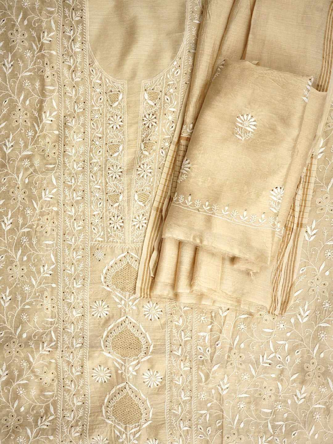 Ada Hand Embroidered Fawn Moonga Silk Lucknowi Chikankari Unstitched Suit Piece With Muqaish /Muqaish Work 01A915869