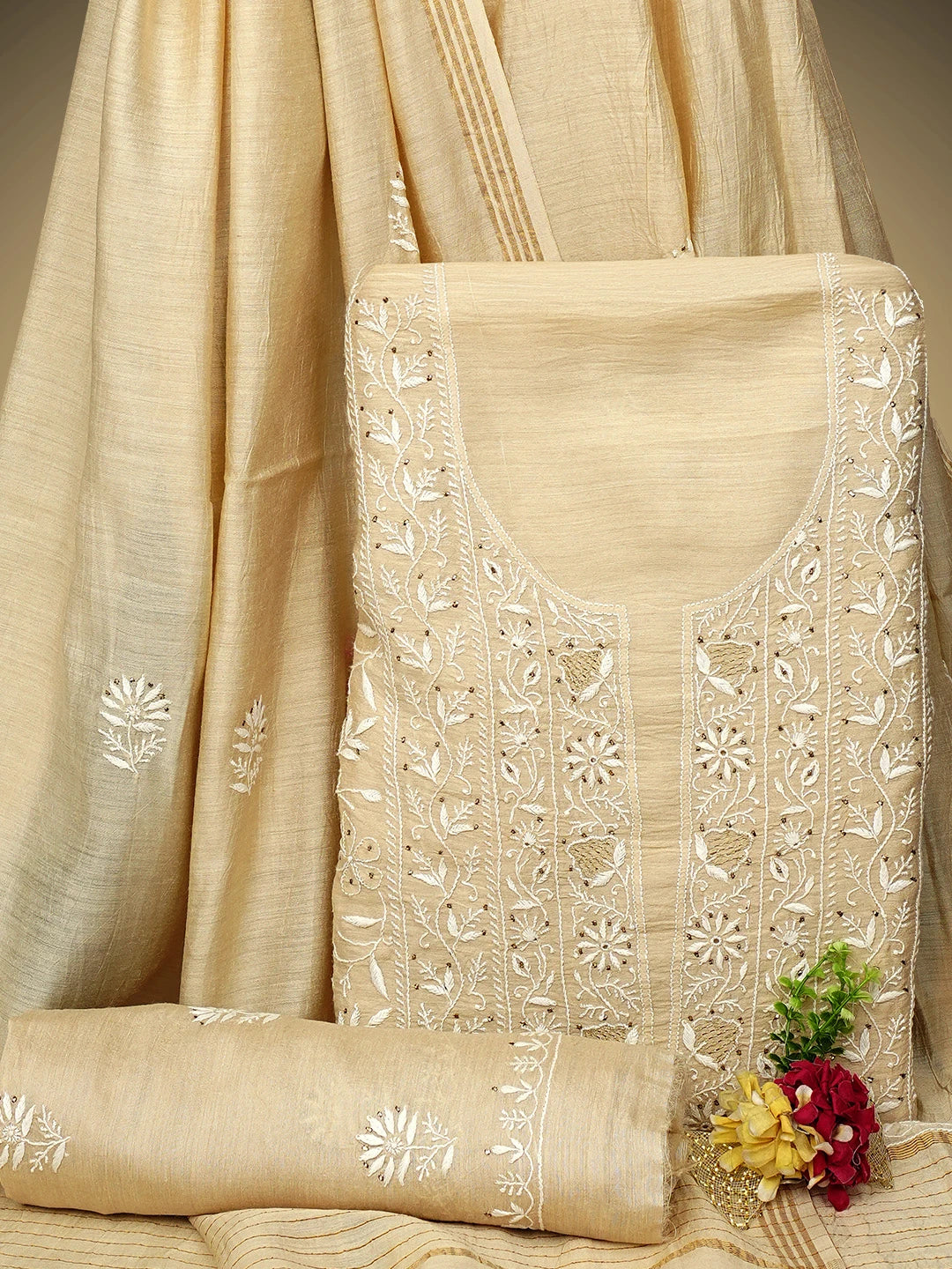 Ada Hand Embroidered Fawn Moonga Silk Lucknowi Chikankari Unstitched Suit Piece With Muqaish /Muqaish Work 01A915869