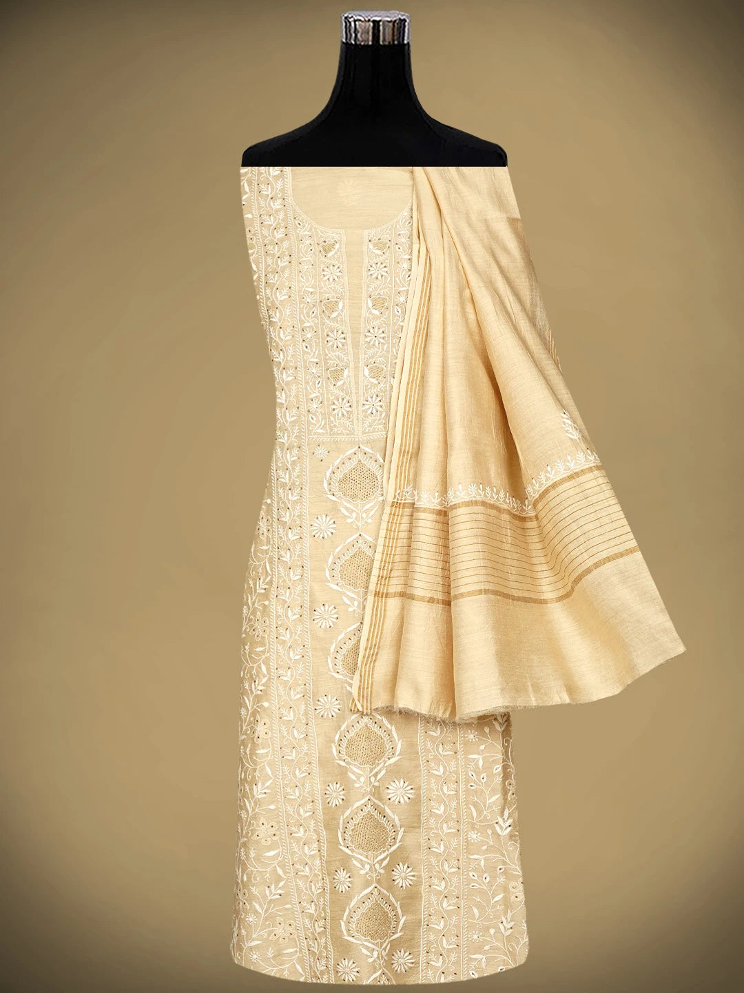 Ada Hand Embroidered Fawn Moonga Silk Lucknowi Chikankari Unstitched Suit Piece With Muqaish /Muqaish Work 01A915869