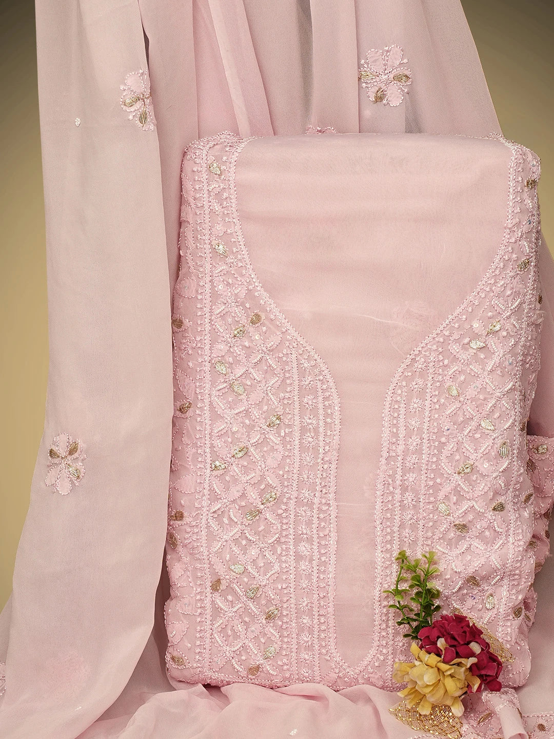 Ada Hand Embroidered Dusty Rose Pink Viscose Georgette Lucknowi Chikankari Unstitched Kurta Dupatta Set With Gota Patti Work 01A962470