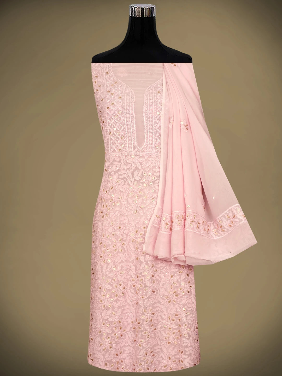 Ada Hand Embroidered Dusty Rose Pink Viscose Georgette Lucknowi Chikankari Unstitched Kurta Dupatta Set With Gota Patti Work 01A962470