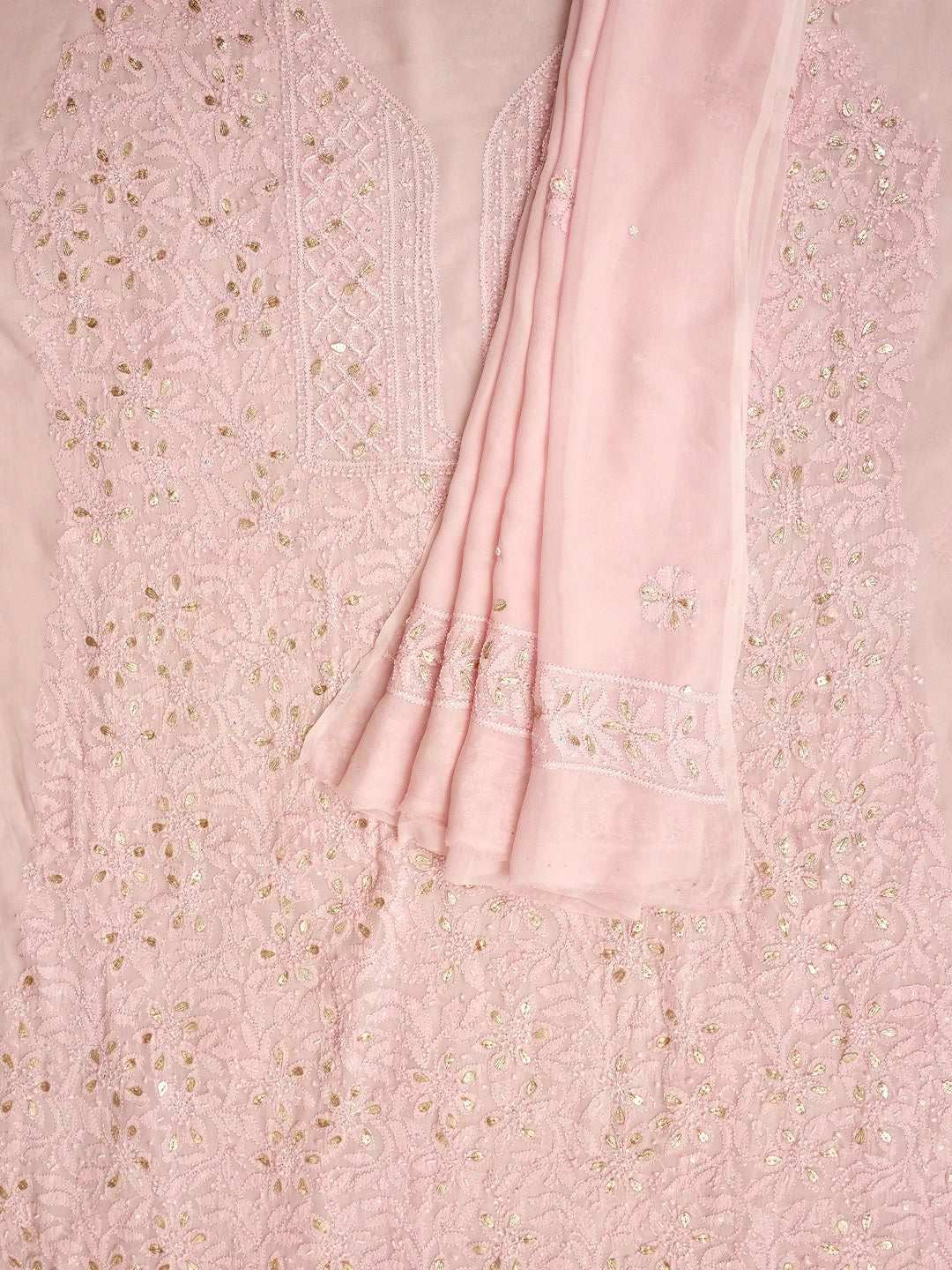 Ada Hand Embroidered Dusty Rose Pink Viscose Georgette Lucknowi Chikankari Unstitched Kurta Dupatta Set With Gota Patti Work 01A962470