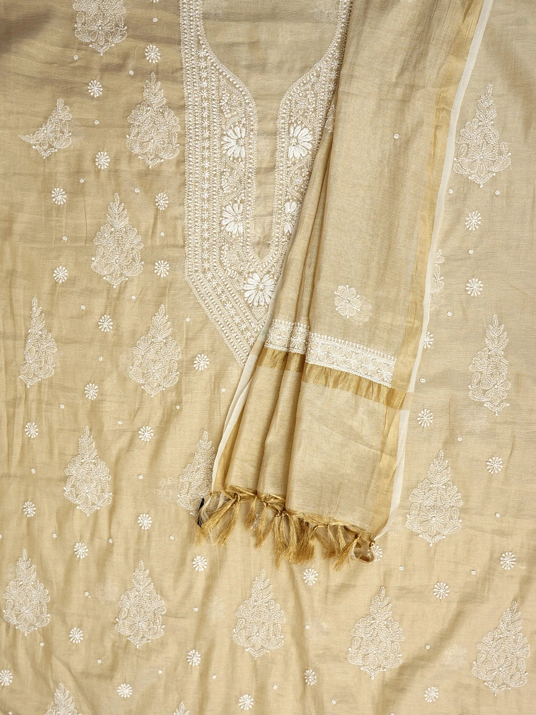 Ada Hand Embroidered Fawn Tissue Lucknowi Chikankari Unstitched Kurta Dupatta Set With Cutdana Work 01A972667
