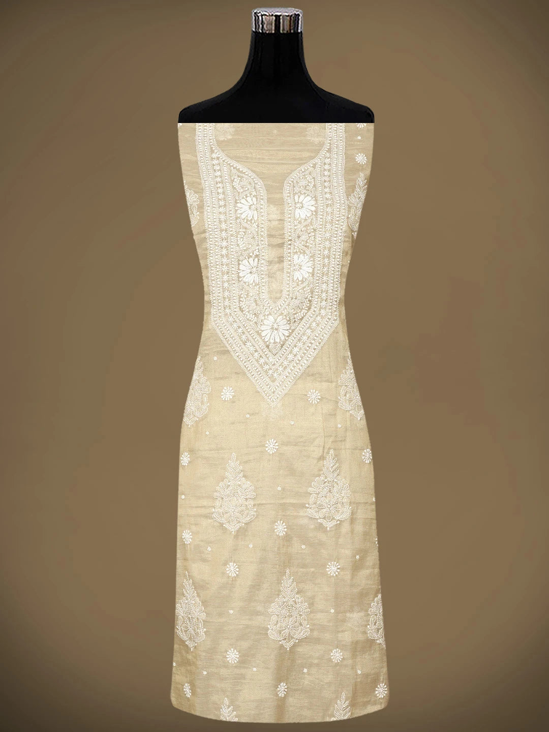 Ada Hand Embroidered Fawn Tissue Lucknowi Chikankari Unstitched Kurta Dupatta Set With Cutdana Work 01A972667