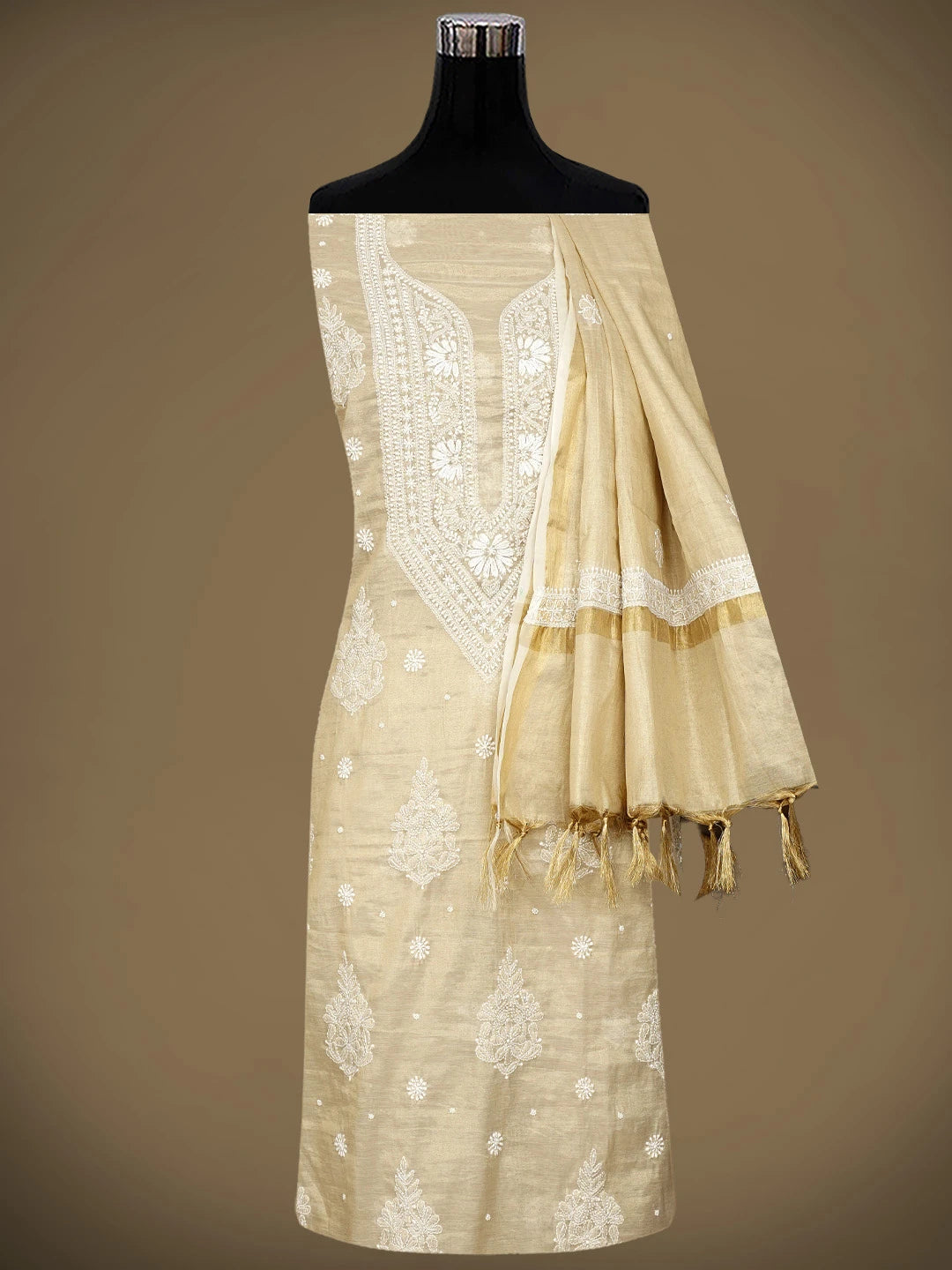 Ada Hand Embroidered Fawn Tissue Lucknowi Chikankari Unstitched Kurta Dupatta Set With Cutdana Work 01A972667