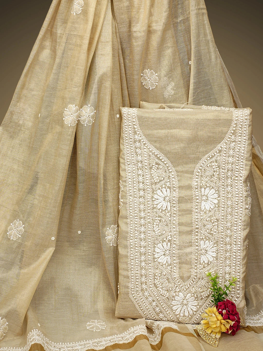 Ada Hand Embroidered Fawn Tissue Lucknowi Chikankari Unstitched Kurta Dupatta Set With Cutdana Work 01A972667