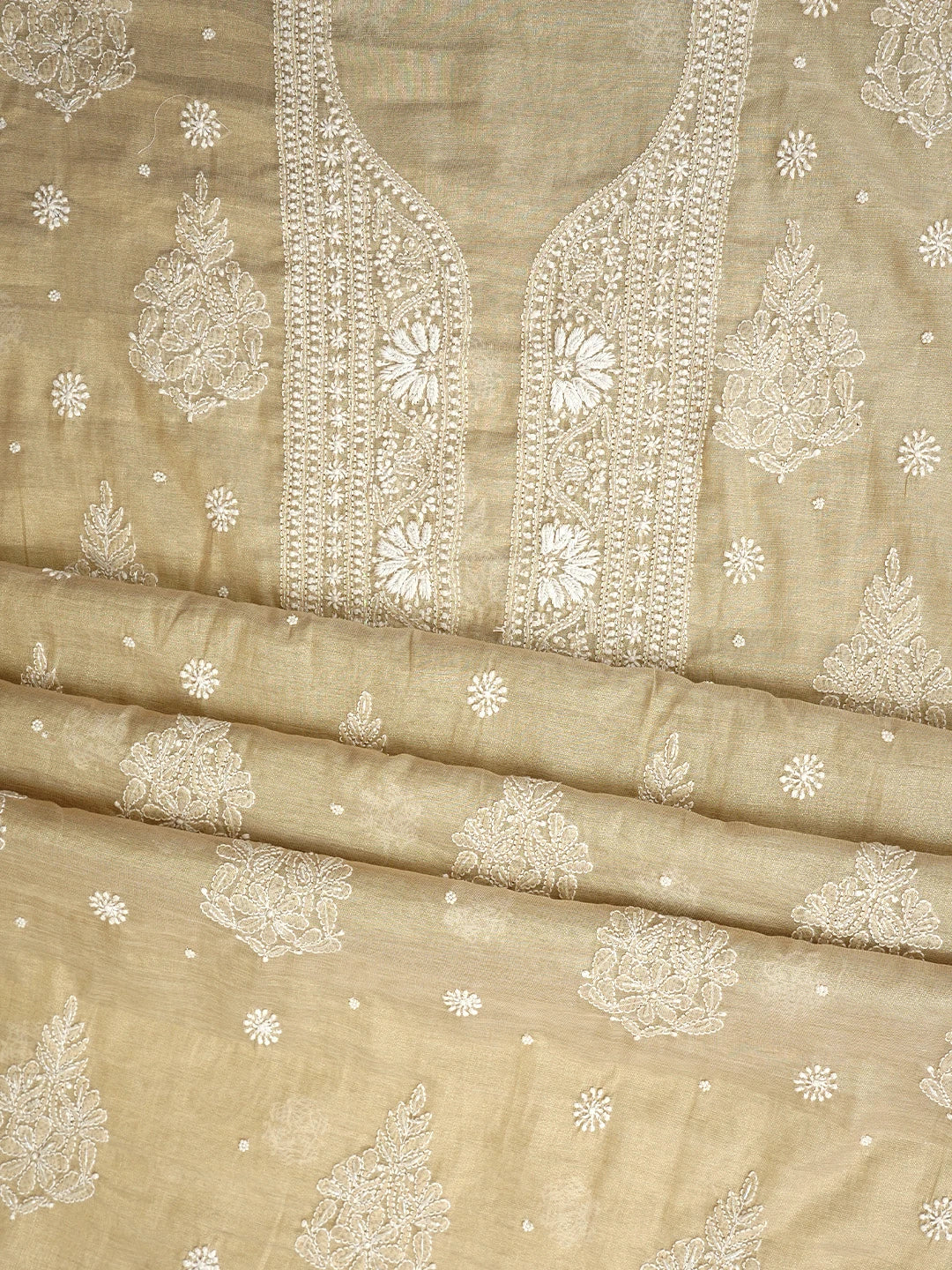 Ada Hand Embroidered Fawn Tissue Lucknowi Chikankari Unstitched Kurta Dupatta Set With Cutdana Work 01A972667