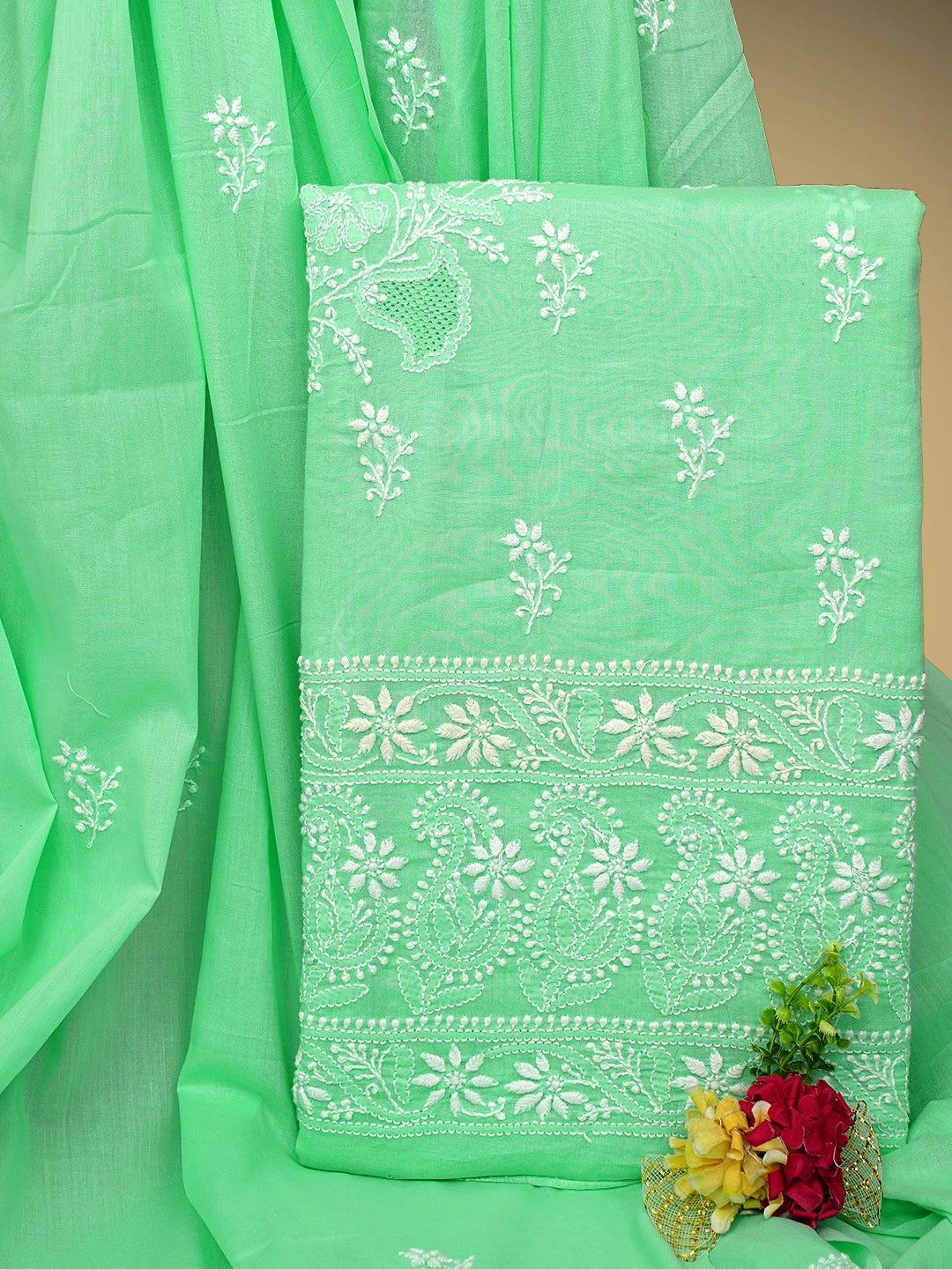 Ada Hand Embroidered Seafoam Green Cotton Lucknowi Chikankari Unstitched Kurta Dupatta Set 01A642070