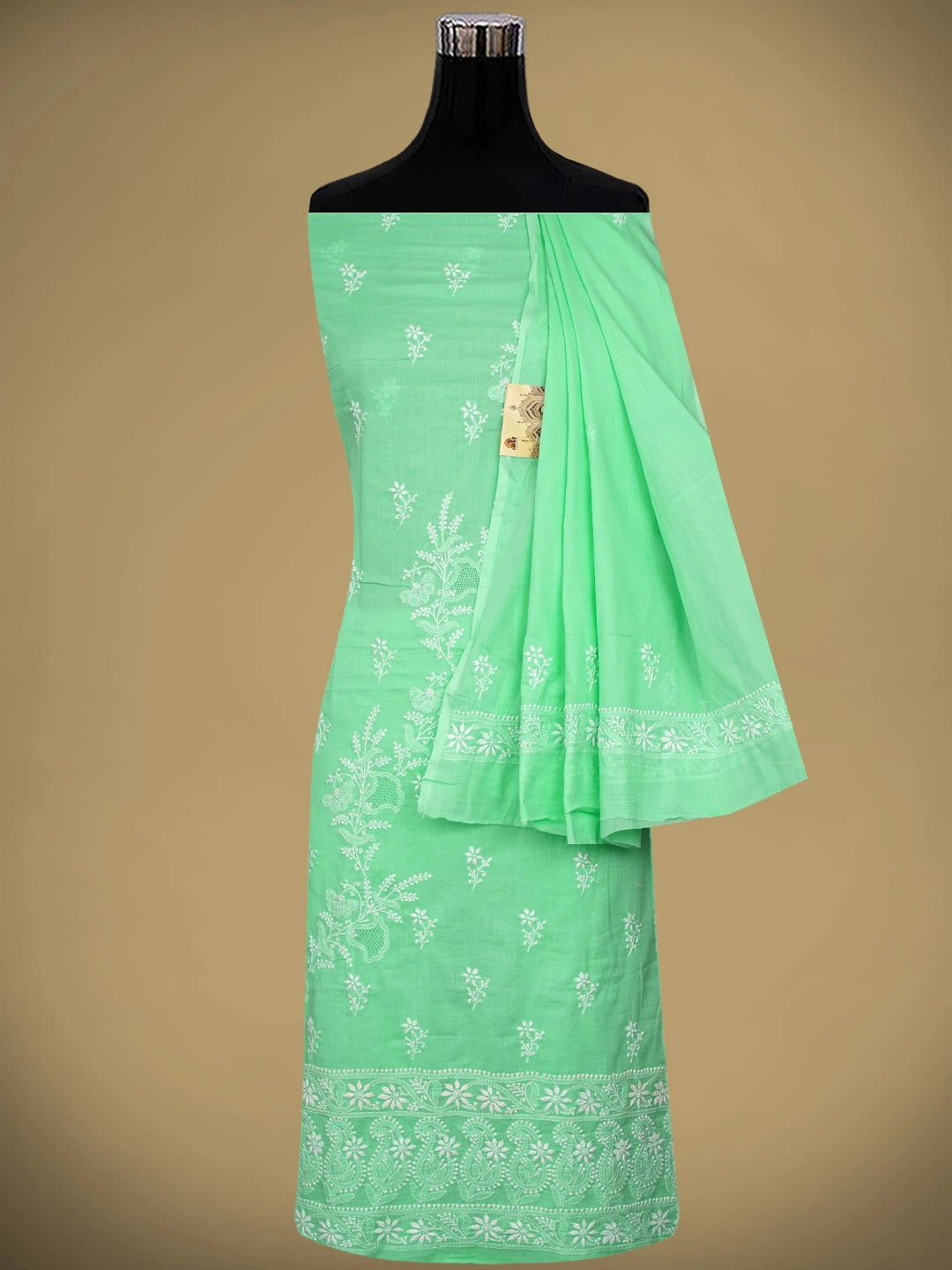 Ada Hand Embroidered Seafoam Green Cotton Lucknowi Chikankari Unstitched Kurta Dupatta Set 01A642070
