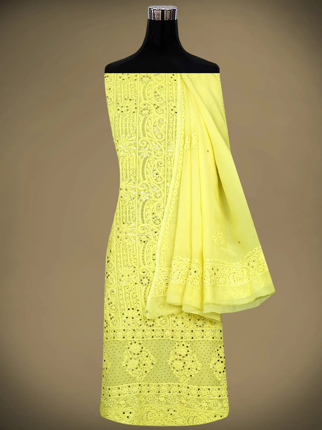 Ada Hand Embroidered Lemon Yellow  Viscose Georgette Lucknowi Chikankari Unstitched Kurta Dupatta Set With Mukaish/Muqaish Work 01A967052