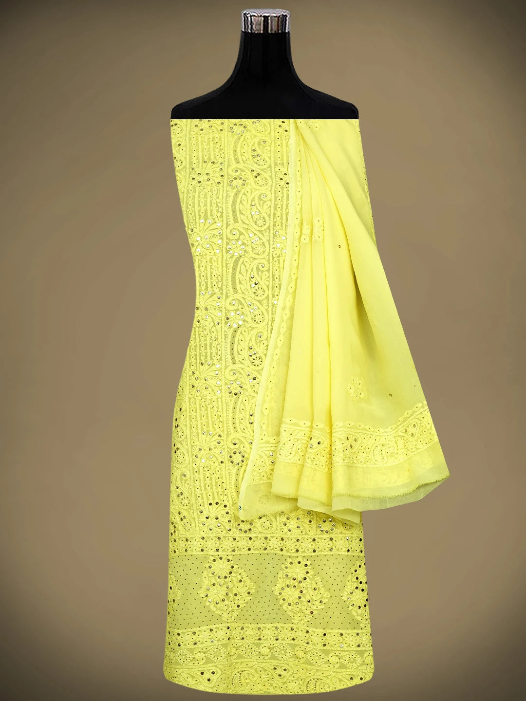 Ada Hand Embroidered Lemon Yellow  Viscose Georgette Lucknowi Chikankari Unstitched Kurta Dupatta Set With Mukaish/Muqaish Work 01A967052
