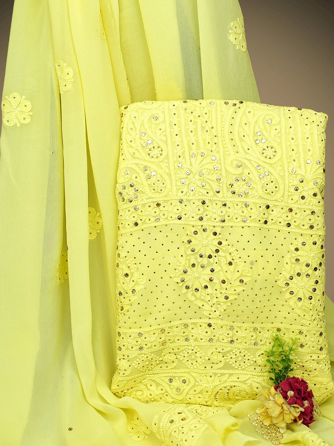 Ada Hand Embroidered Lemon Yellow  Viscose Georgette Lucknowi Chikankari Unstitched Kurta Dupatta Set With Mukaish/Muqaish Work 01A967052