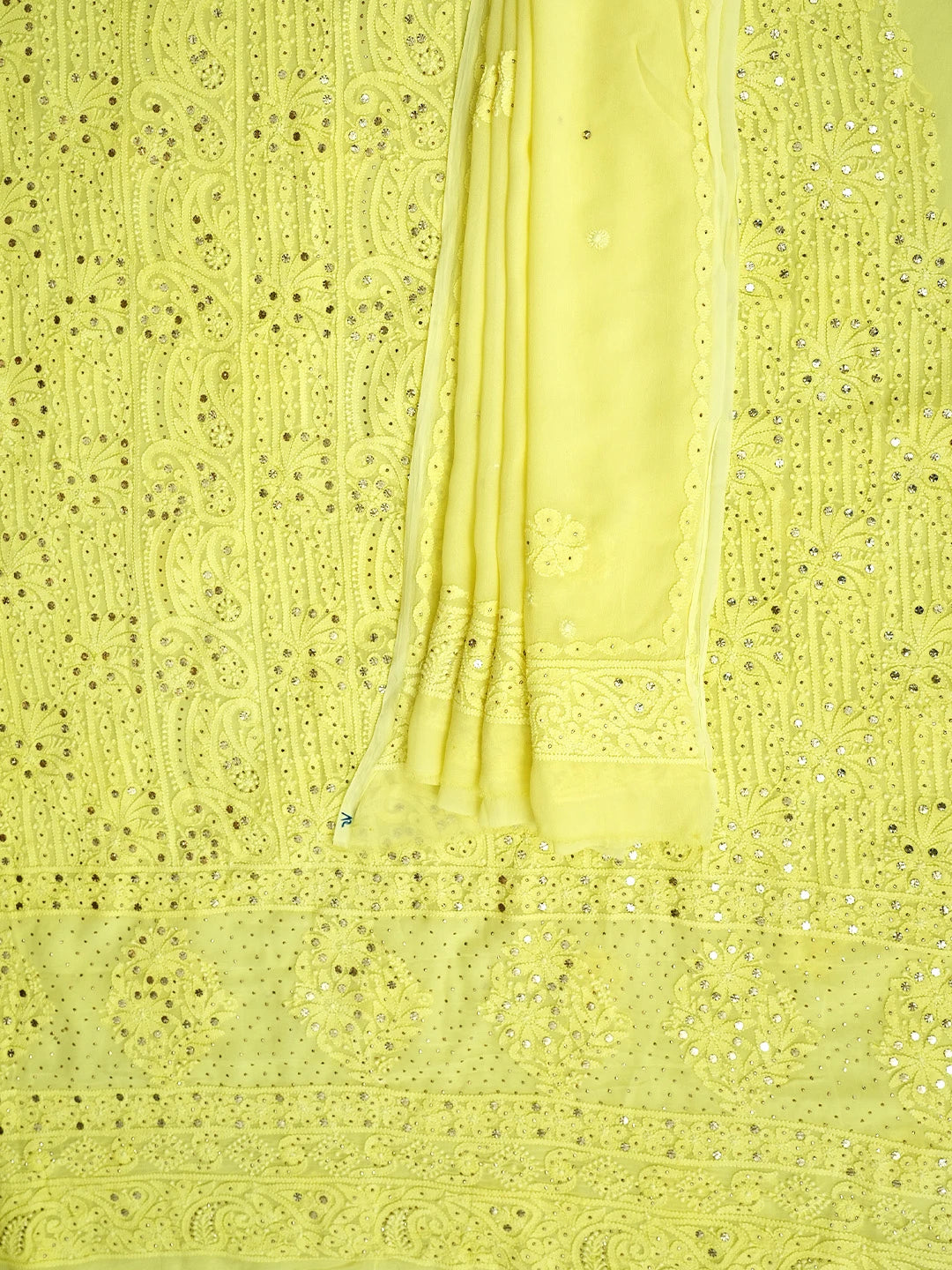Ada Hand Embroidered Lemon Yellow  Viscose Georgette Lucknowi Chikankari Unstitched Kurta Dupatta Set With Mukaish/Muqaish Work 01A967052