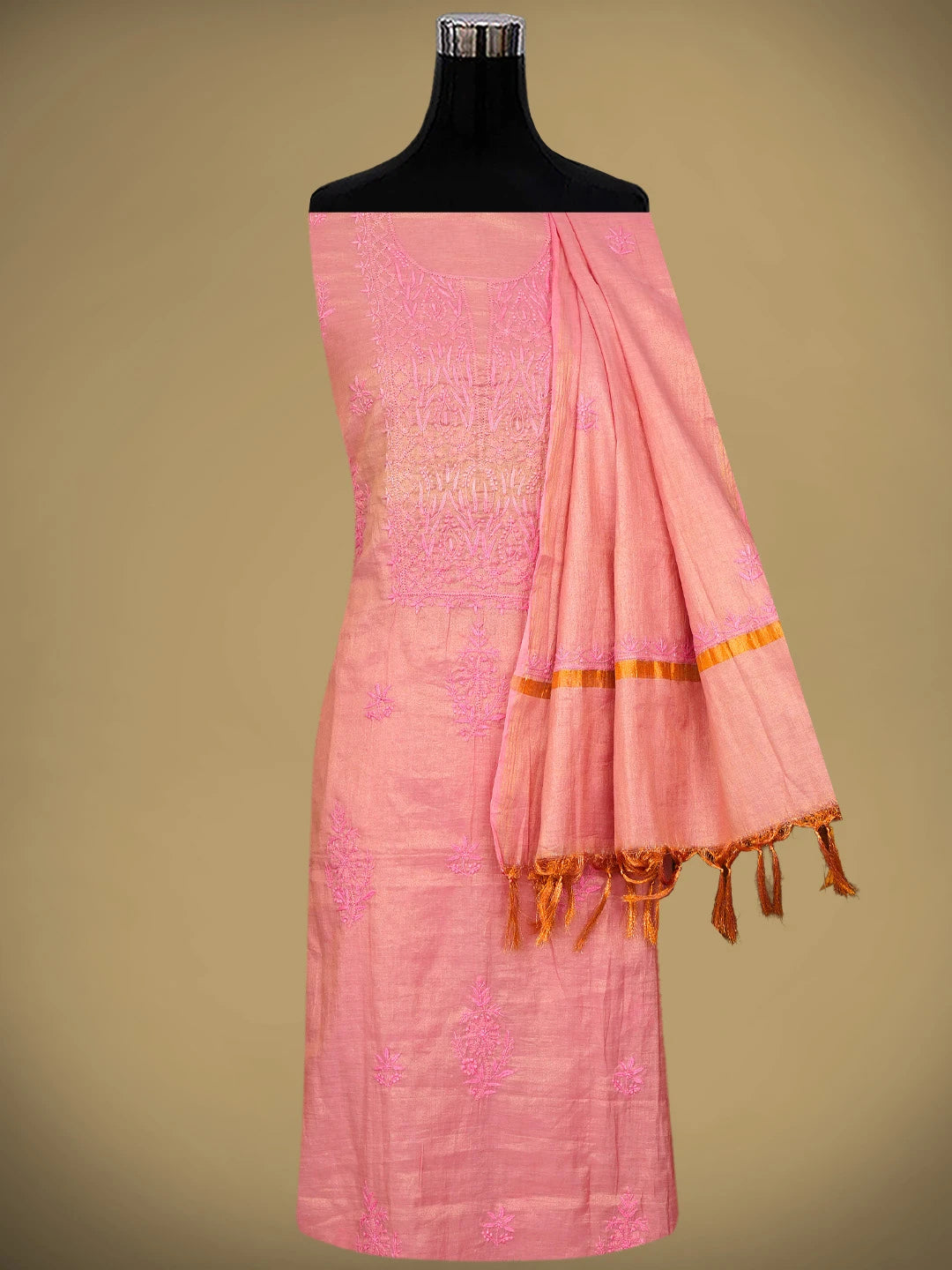 Ada Hand Embroidered Dusty Pink Tissue Lucknowi Chikankari Unstitched Kurta Dupatta Set 01A779538