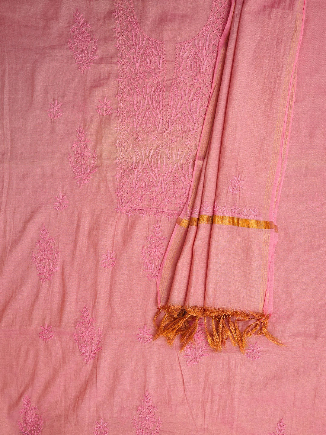 Ada Hand Embroidered Dusty Pink Tissue Lucknowi Chikankari Unstitched Kurta Dupatta Set 01A779538