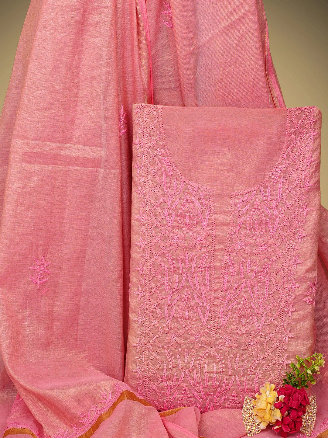 Ada Hand Embroidered Dusty Pink Tissue Lucknowi Chikankari Unstitched Kurta Dupatta Set 01A779538