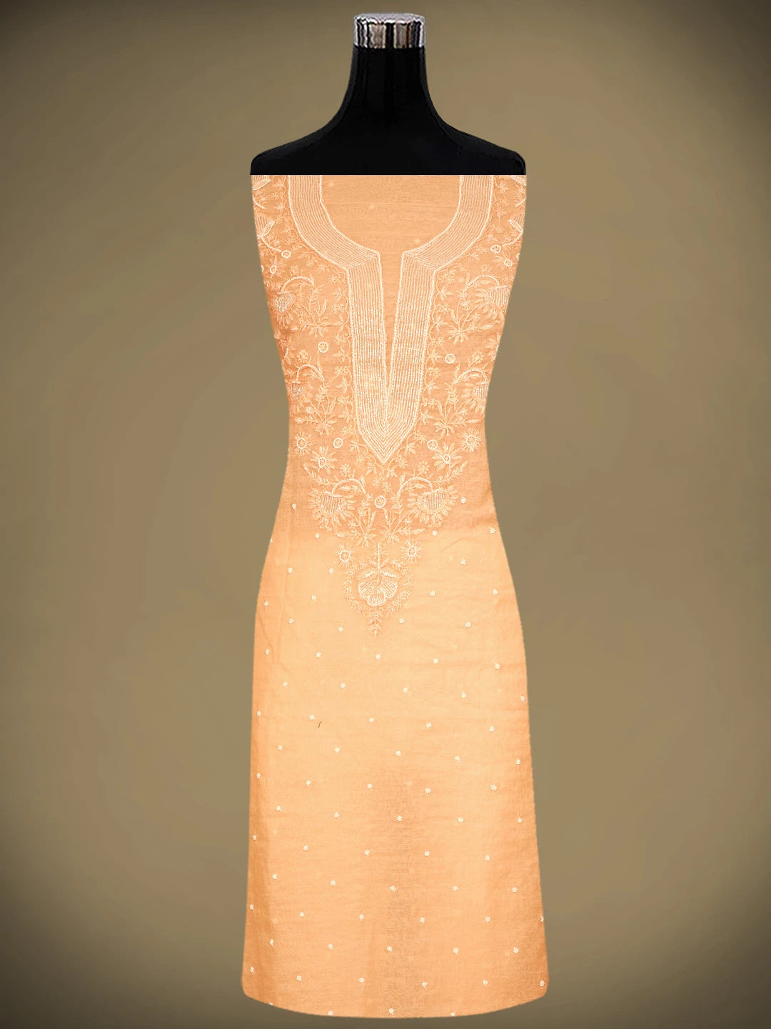 Ada Hand Embroidered Creamy Peach Chanderi Lucknowi Chikankari Unstitched Kurta Dupatta Set With Pearl Work 01A972764
