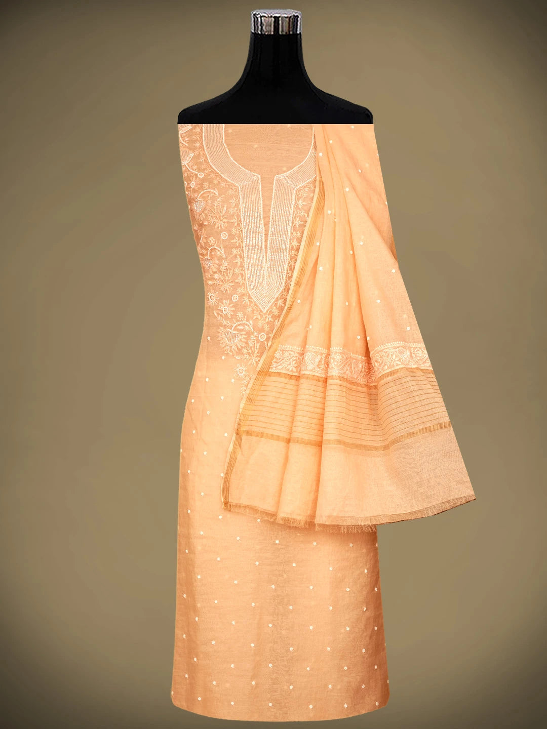 Ada Hand Embroidered Creamy Peach Chanderi Lucknowi Chikankari Unstitched Kurta Dupatta Set With Pearl Work 01A972764