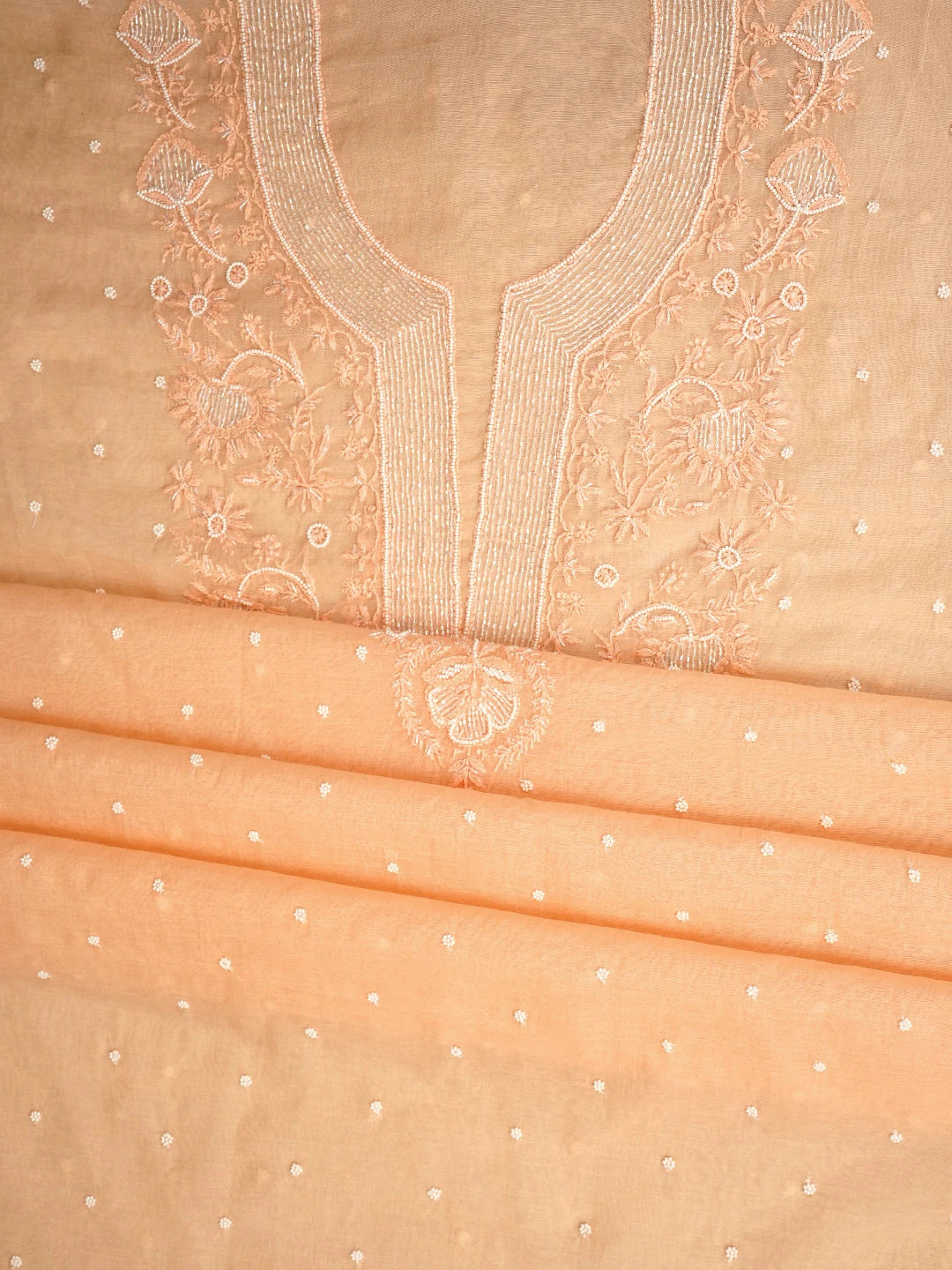 Ada Hand Embroidered Creamy Peach Chanderi Lucknowi Chikankari Unstitched Kurta Dupatta Set With Pearl Work 01A972764