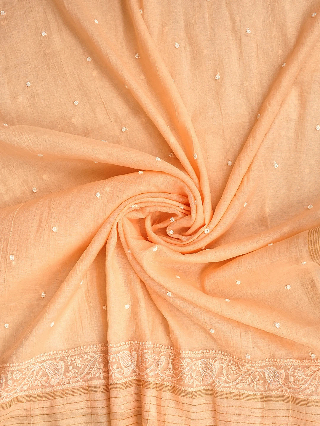Ada Hand Embroidered Creamy Peach Chanderi Lucknowi Chikankari Unstitched Kurta Dupatta Set With Pearl Work 01A972764