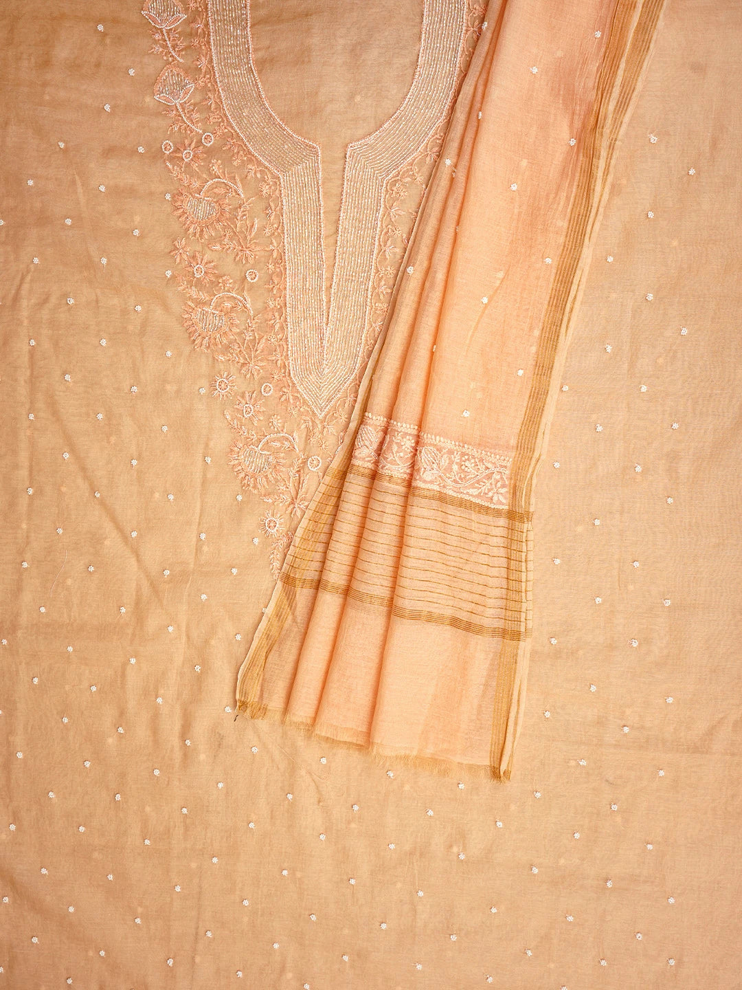 Ada Hand Embroidered Creamy Peach Chanderi Lucknowi Chikankari Unstitched Kurta Dupatta Set With Pearl Work 01A972764